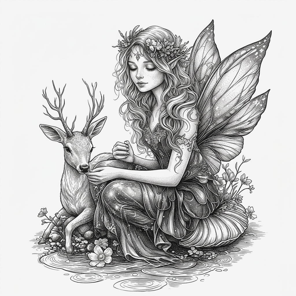 Tranche de bois avec illustration de fée et de cerf