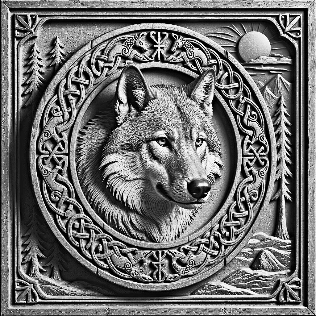 Laser Engraved Round black stone Wall Art featuring Wolf and Celtic Knot Design