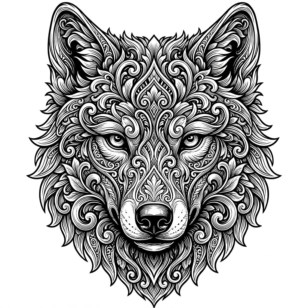 Glass tumbler featuring a detailed ornamental wolf head illustration