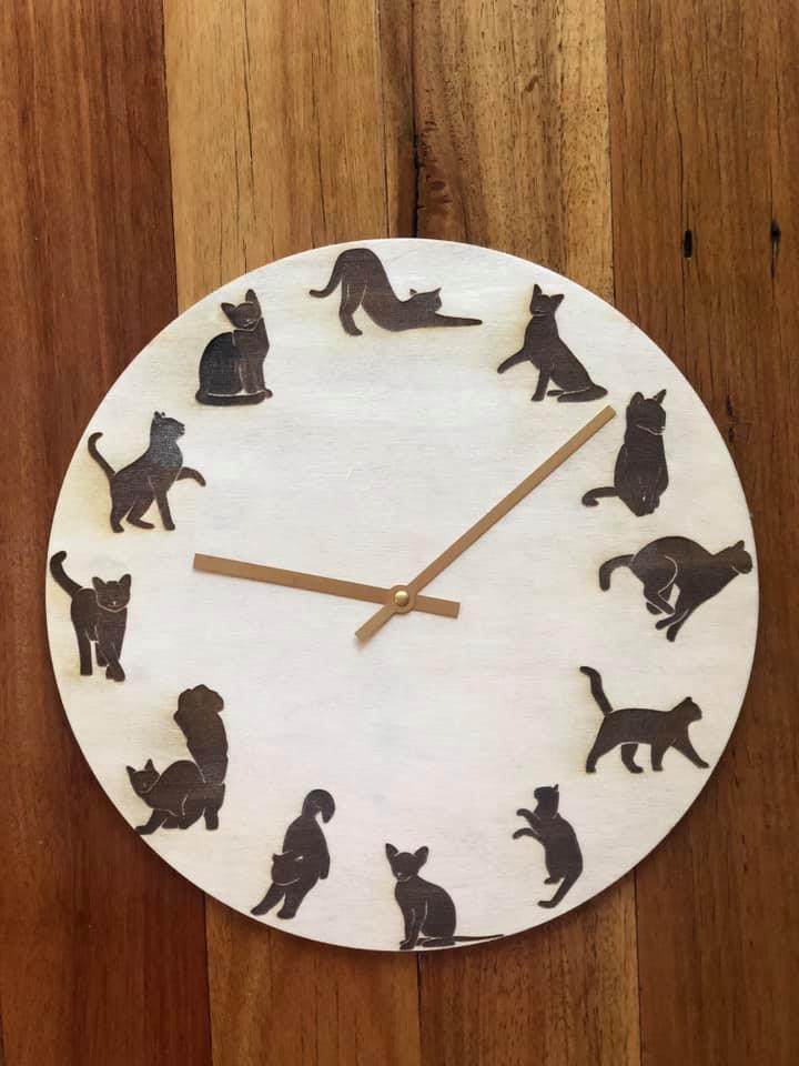 Twelve Cat Poses Hour Marker Clock laser cut cat clock idea
