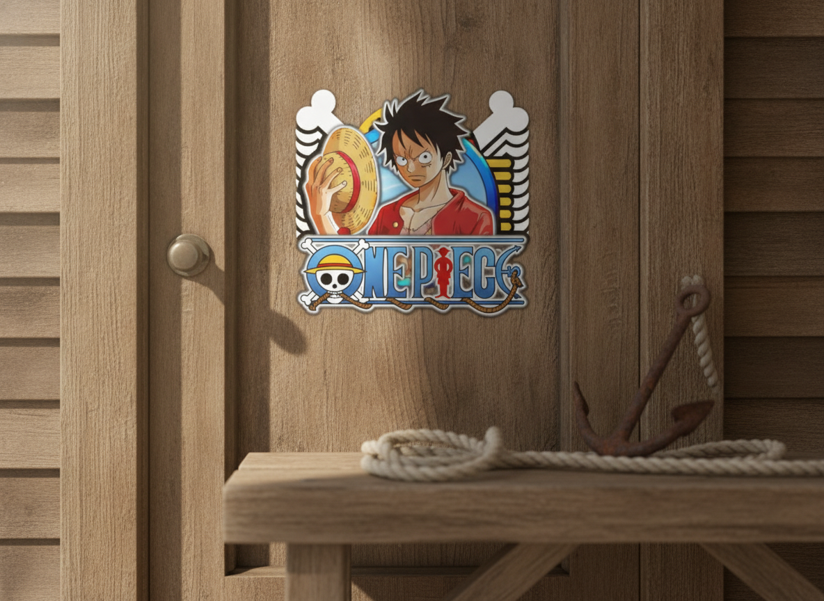 Layered wood door sign with Luffy holding straw hat and Jolly Roger design gift idea