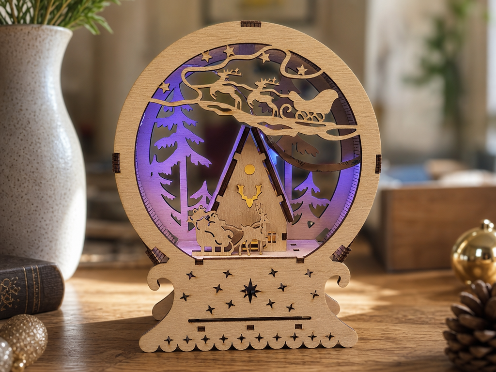 Escena de globo de nieve iluminado de madera con Santa y reno
