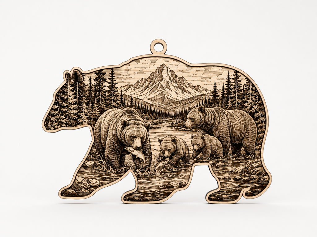 Laser Cut Bear Family Ornament SVG  Grizzly Bear Wood Engraving personalized ornament design on Atomm