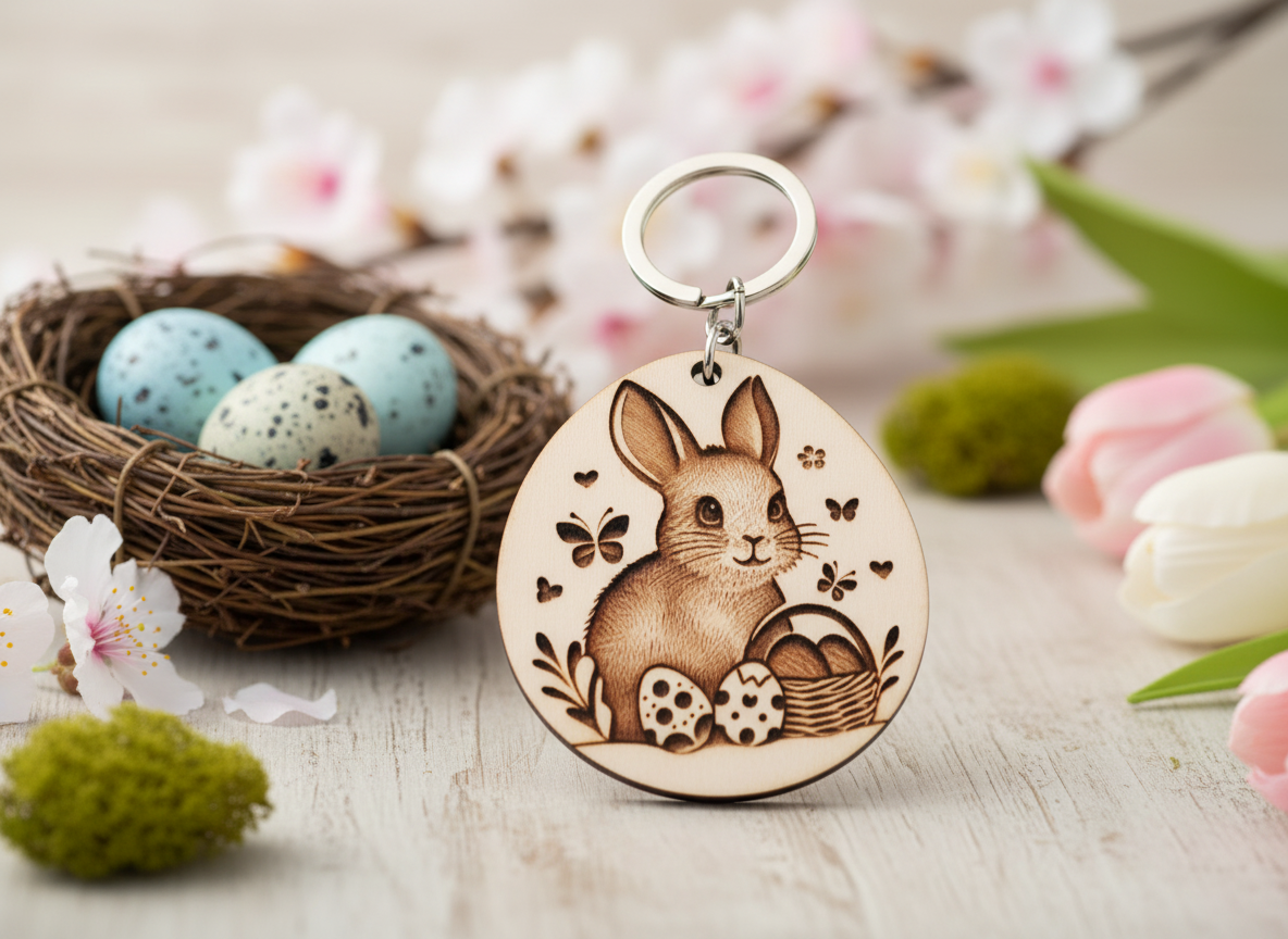 Custom Engraved Keychain, Easter Bunny and Eggs easter gift design