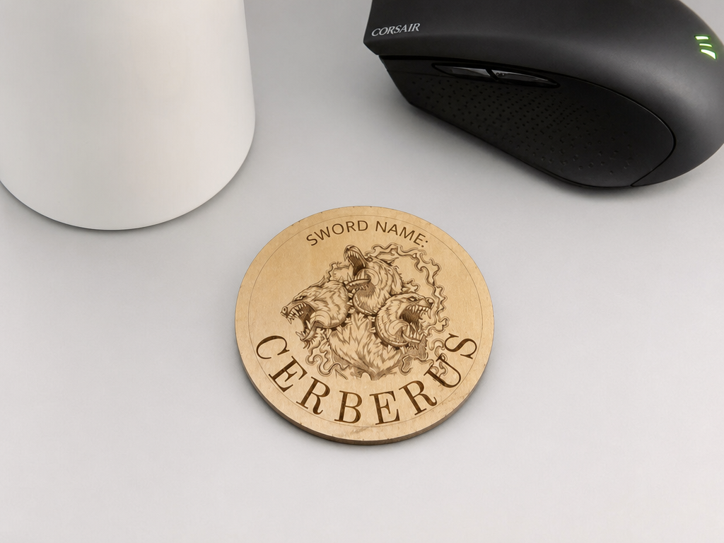 Round wood coaster engraved with Cerberus sword name and three-headed dog design gift idea