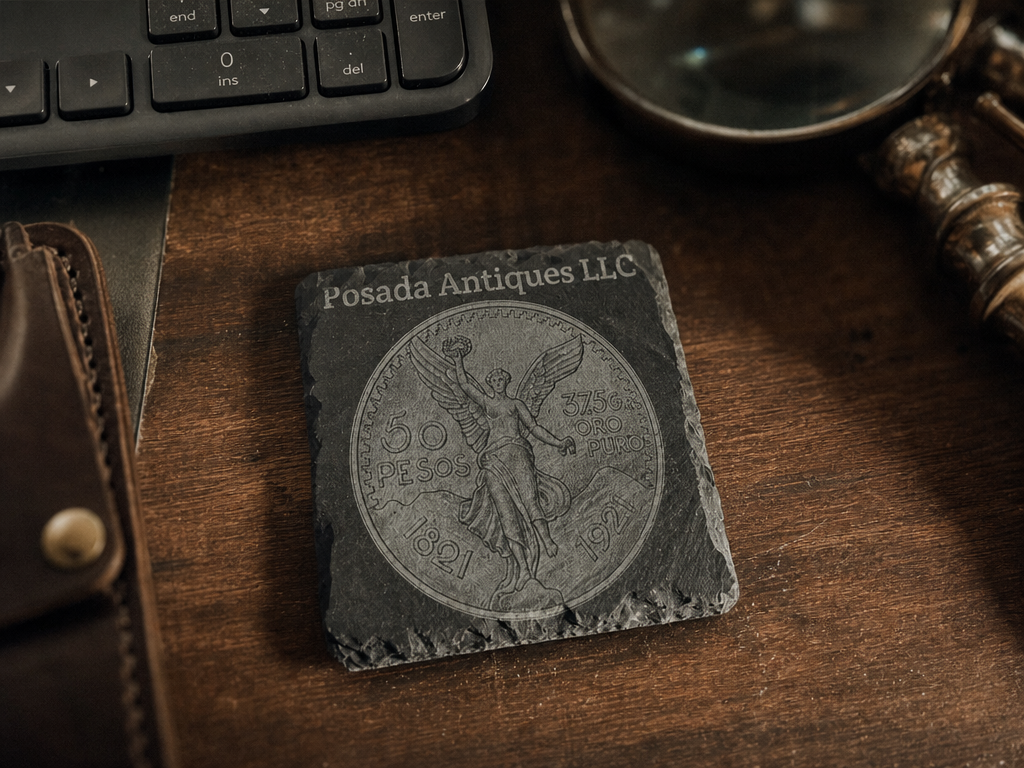 Square slate coaster engraved with a gold centenario coin design