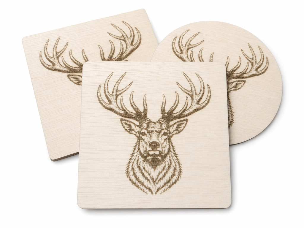 Sottobicchiere in legno con illustrazione dettagliata di testa di cervo. Tre forme diverse idea sottobicchieri sublimatici