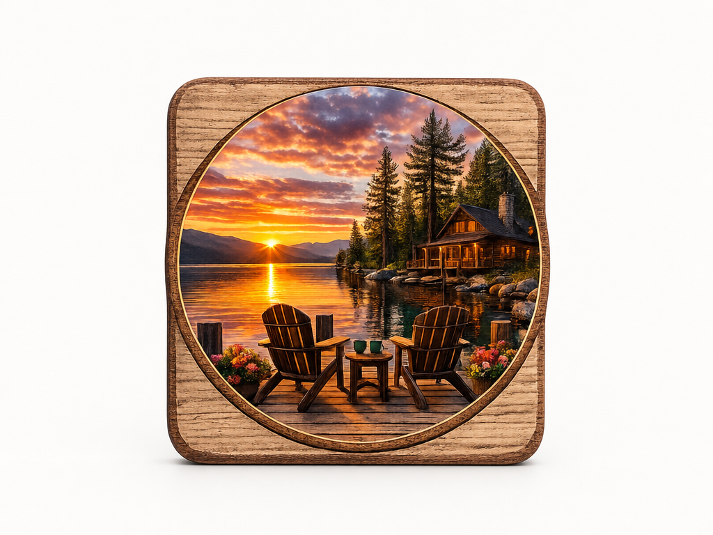 Square Wooden Coaster Featuring a Lakeside Cabin Sunset Scene sublimation coasters idea