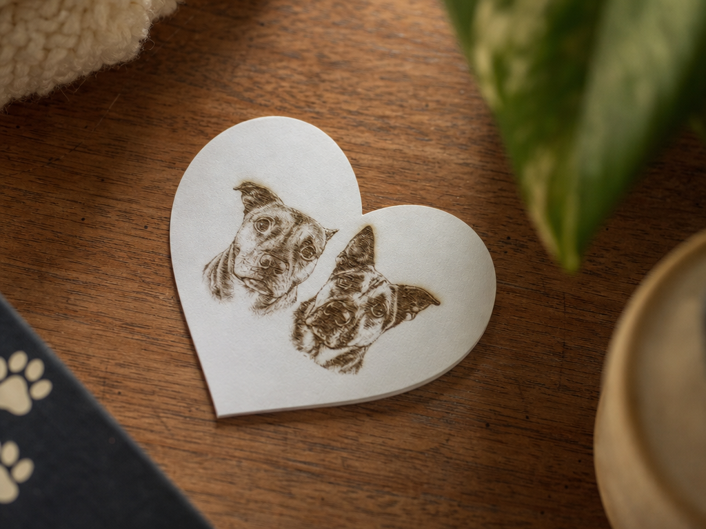 Heart Shaped Wooden Plaque Featuring Two Dog Portraits laser engraved pet portrait idea