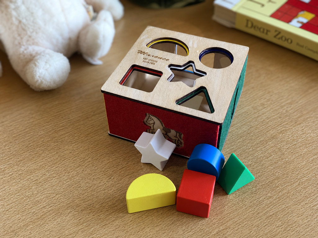 Scatola didattica in legno a incastro di forme con blocchi colorati per un bimbo piccolo