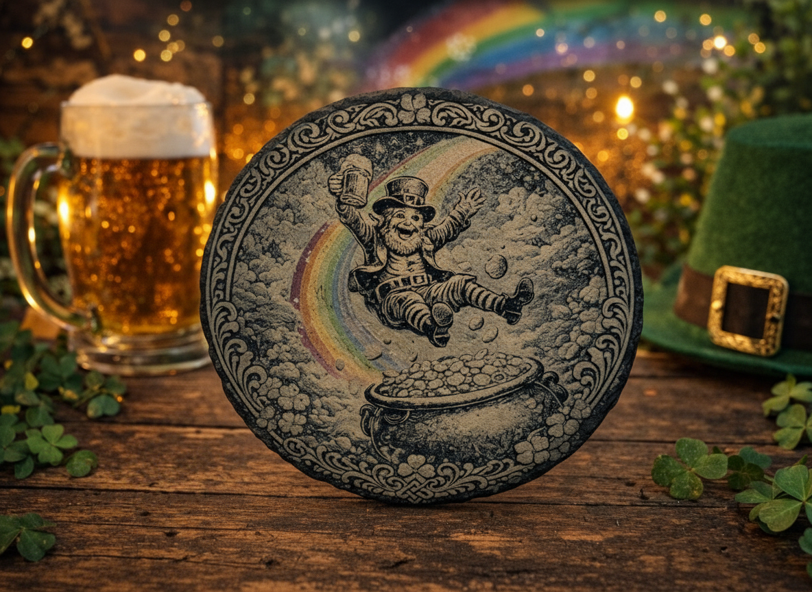 Slate coaster with a leprechaun, rainbow, and pot of gold design