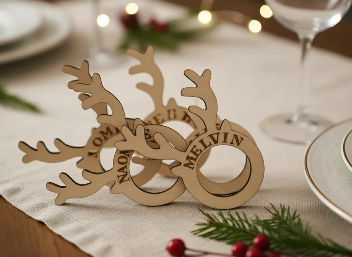 Personalized Laser Cut Wooden Reindeer Christmas Napkin Rings