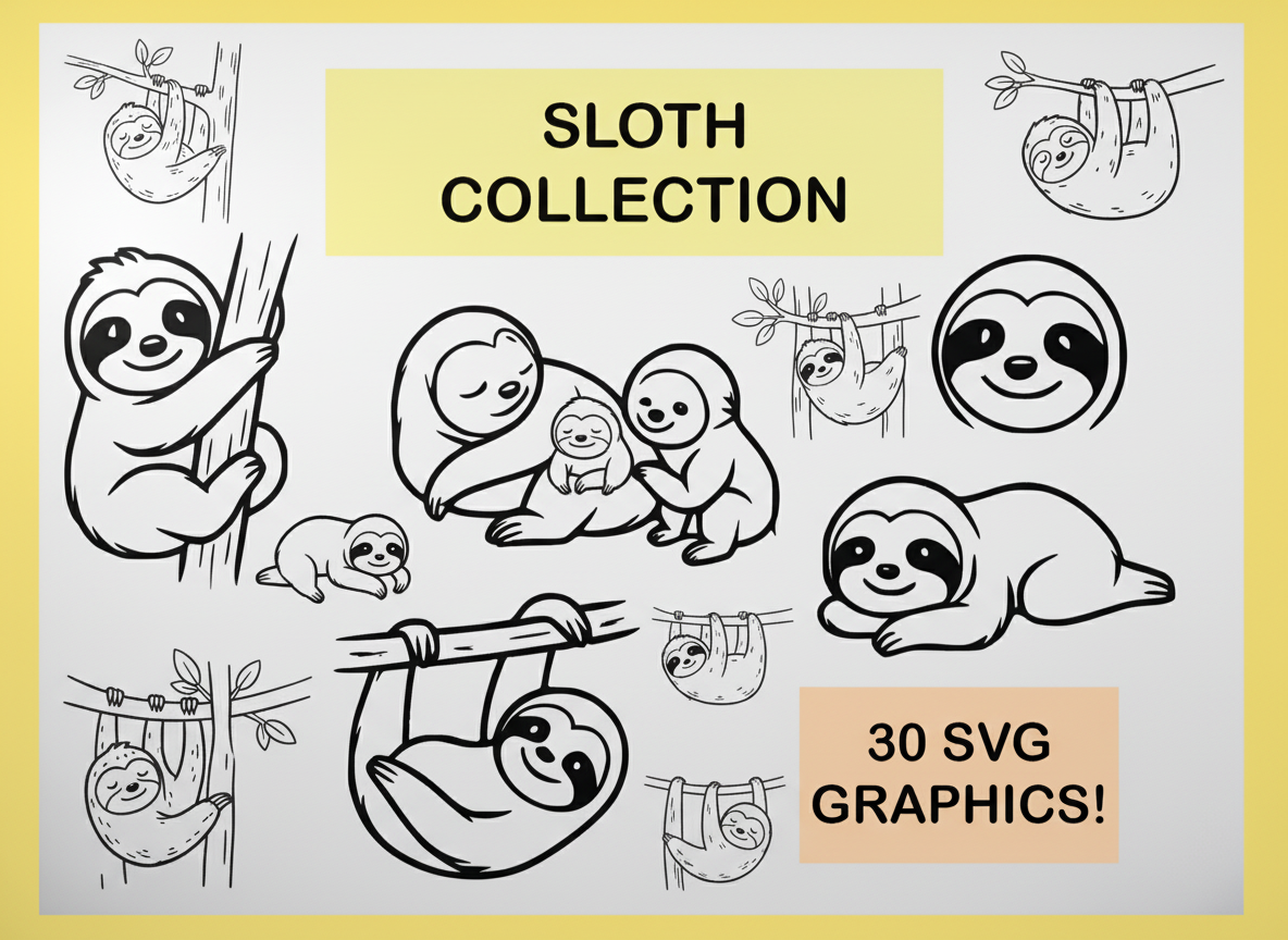Laser cut and engrave | Sloth Collection 30 SVG Graphics Digital ...