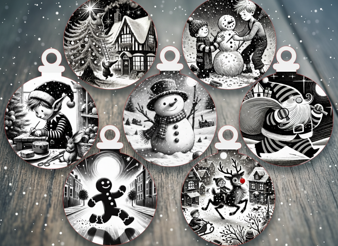 Set of seven coordinated laser cut Christmas ornaments in matching style