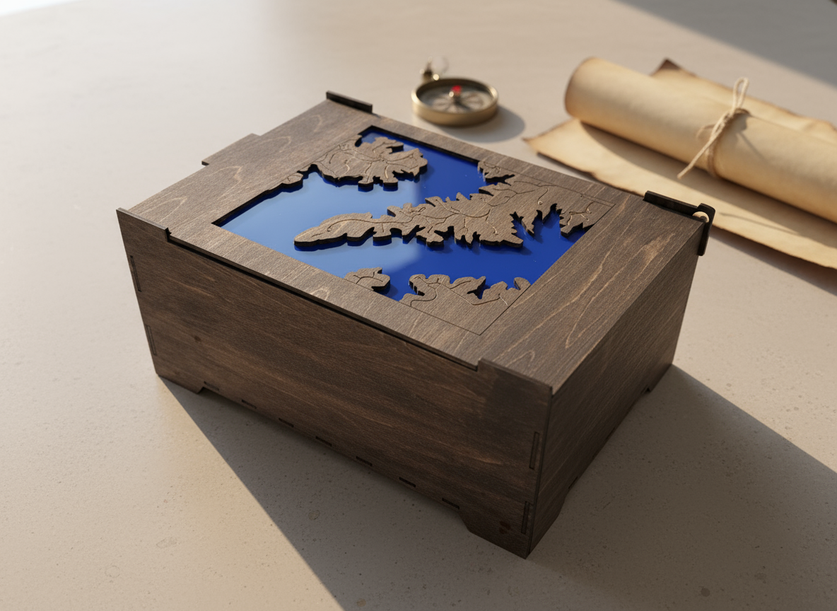 Laser Cut Whiskey Glass Box with Blue Acrylic Map Design groomsmen gift idea