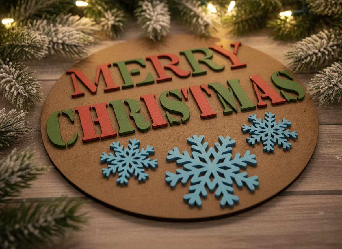 Merry Christmas yard sign with colorful decorations and snowflakes