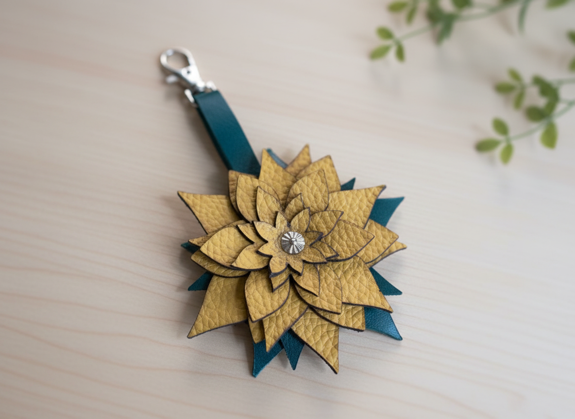 Un porte-clés en cuir en forme de fleur découpé au laser, assemblé avec un rivet métallique
