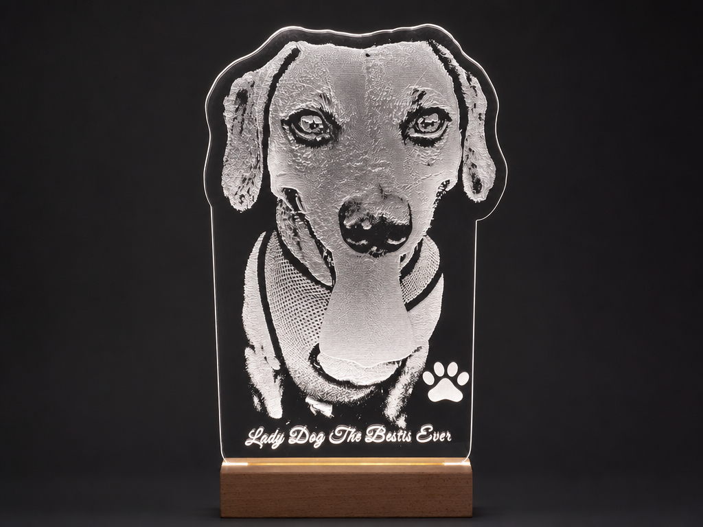 Dog Portrait Acrylic Plaque with Paw Print Detail laser engraved pet portrait idea