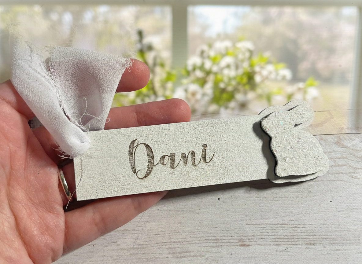 Badge nome in legno con un carino design coniglietto