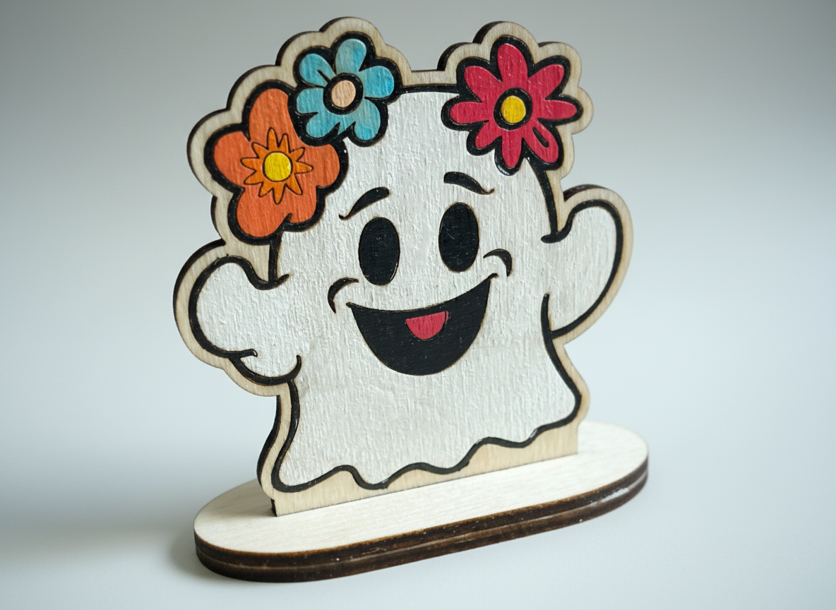 Cute smiling ghost figure on a small wooden stand