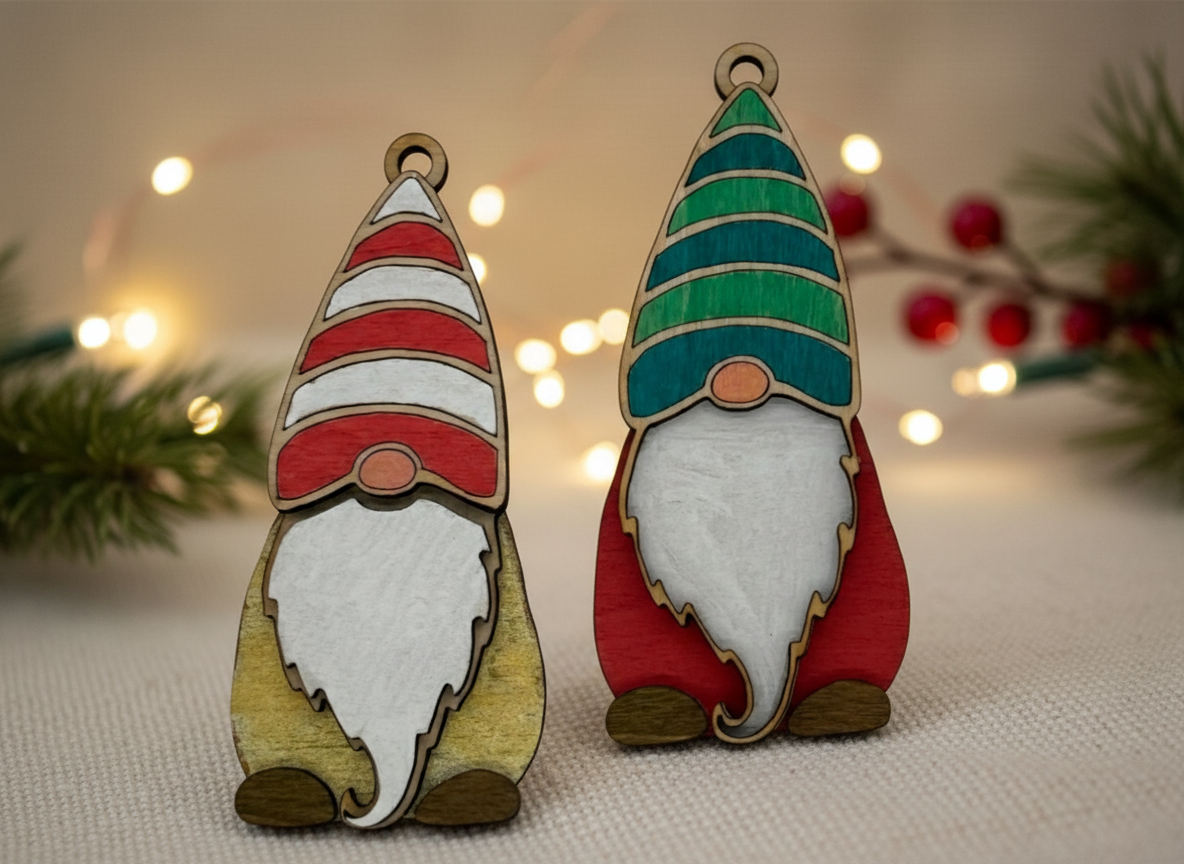 Two layered wooden gnome Christmas ornaments with painted red and green hats