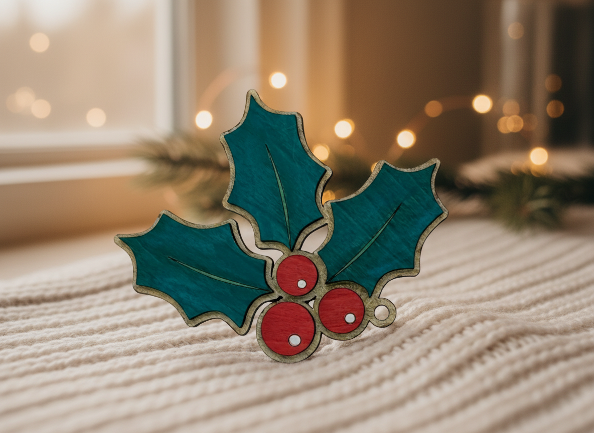 Set of holly leaf and berry Christmas tree ornaments