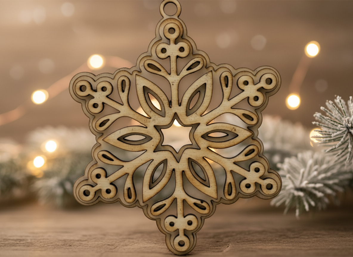 Coordinated set of laser cut snowflake ornaments with intricate patterns