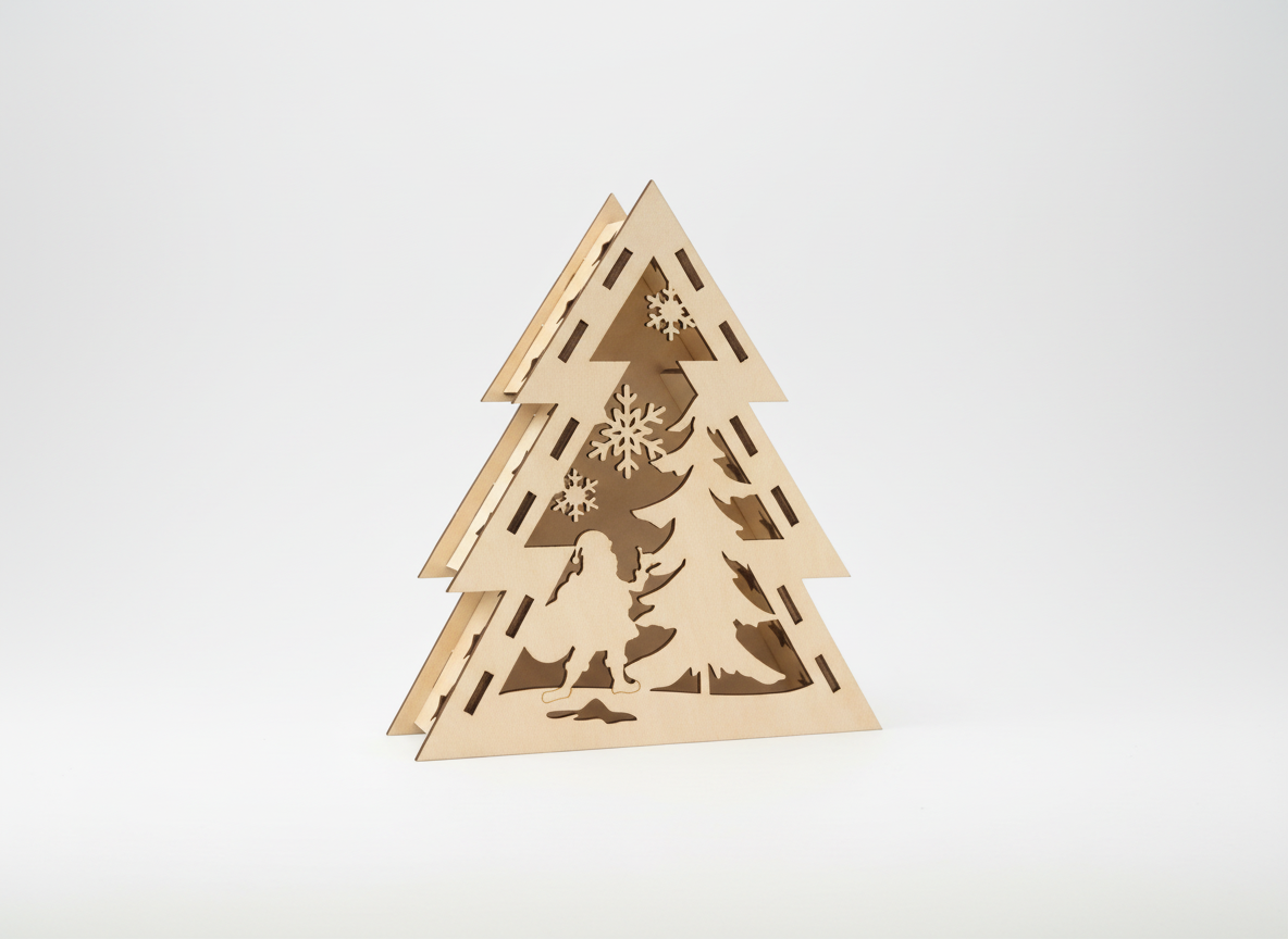 Christmas tree light box glowing with a layered tree scene