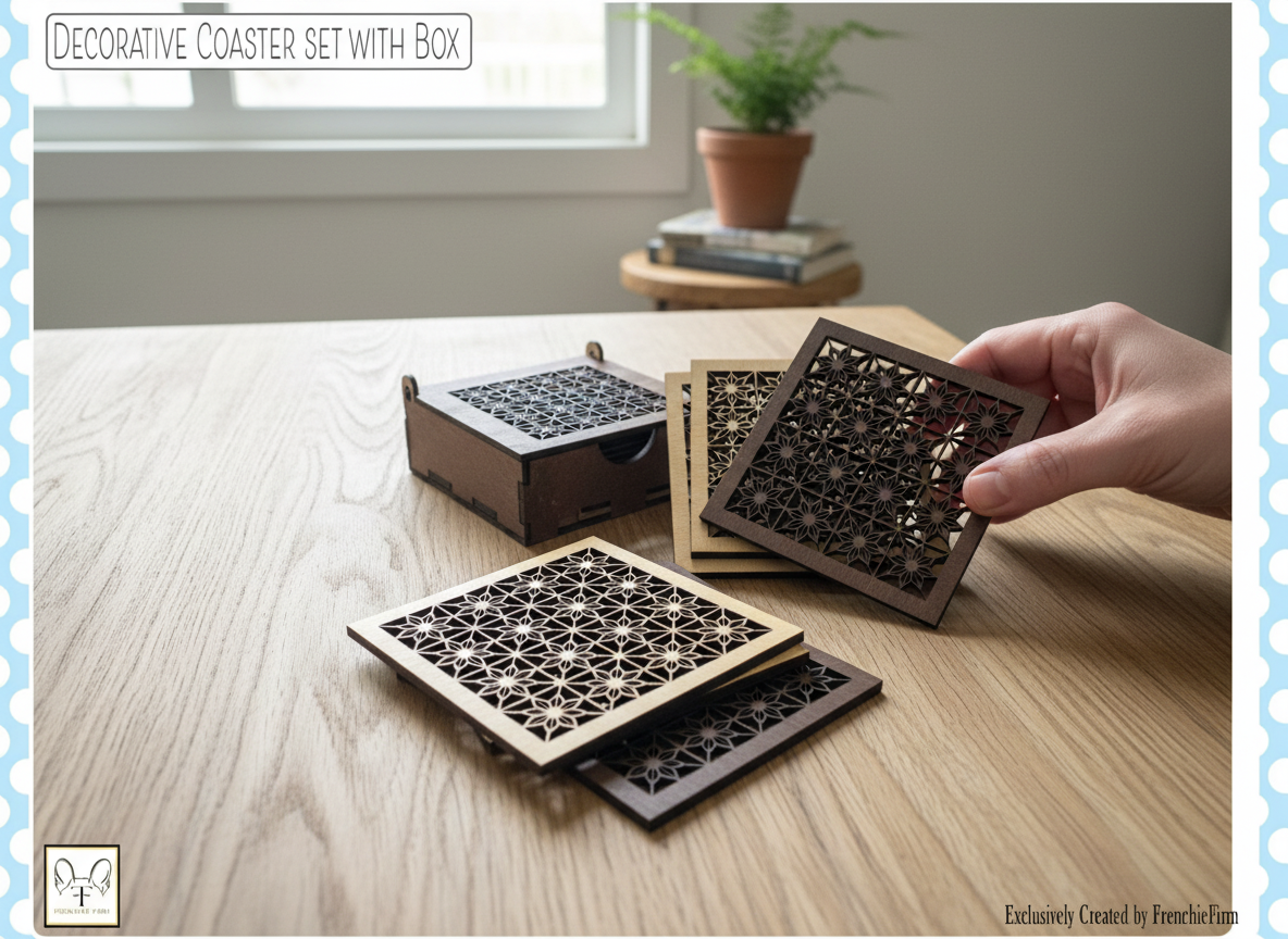 Wooden Coaster Set with Storage Box laser cut design on a table
