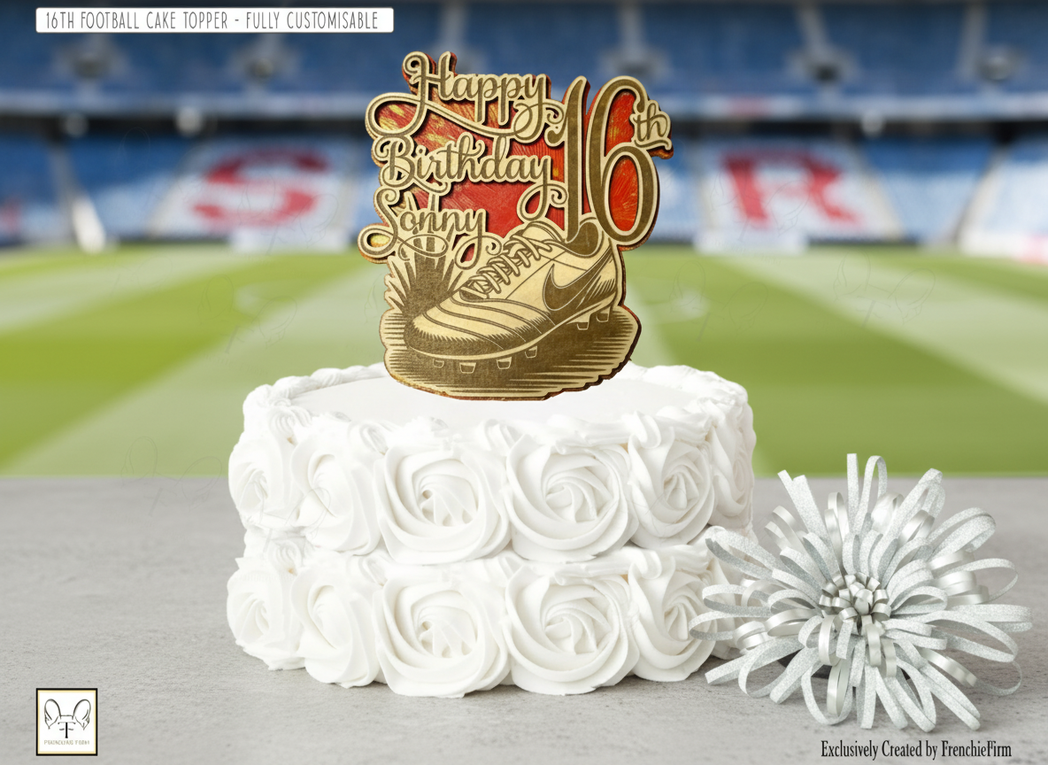 Cake topper compleanno calcio 16 anni tagliato al laser personalizzabile (design senza il nome)