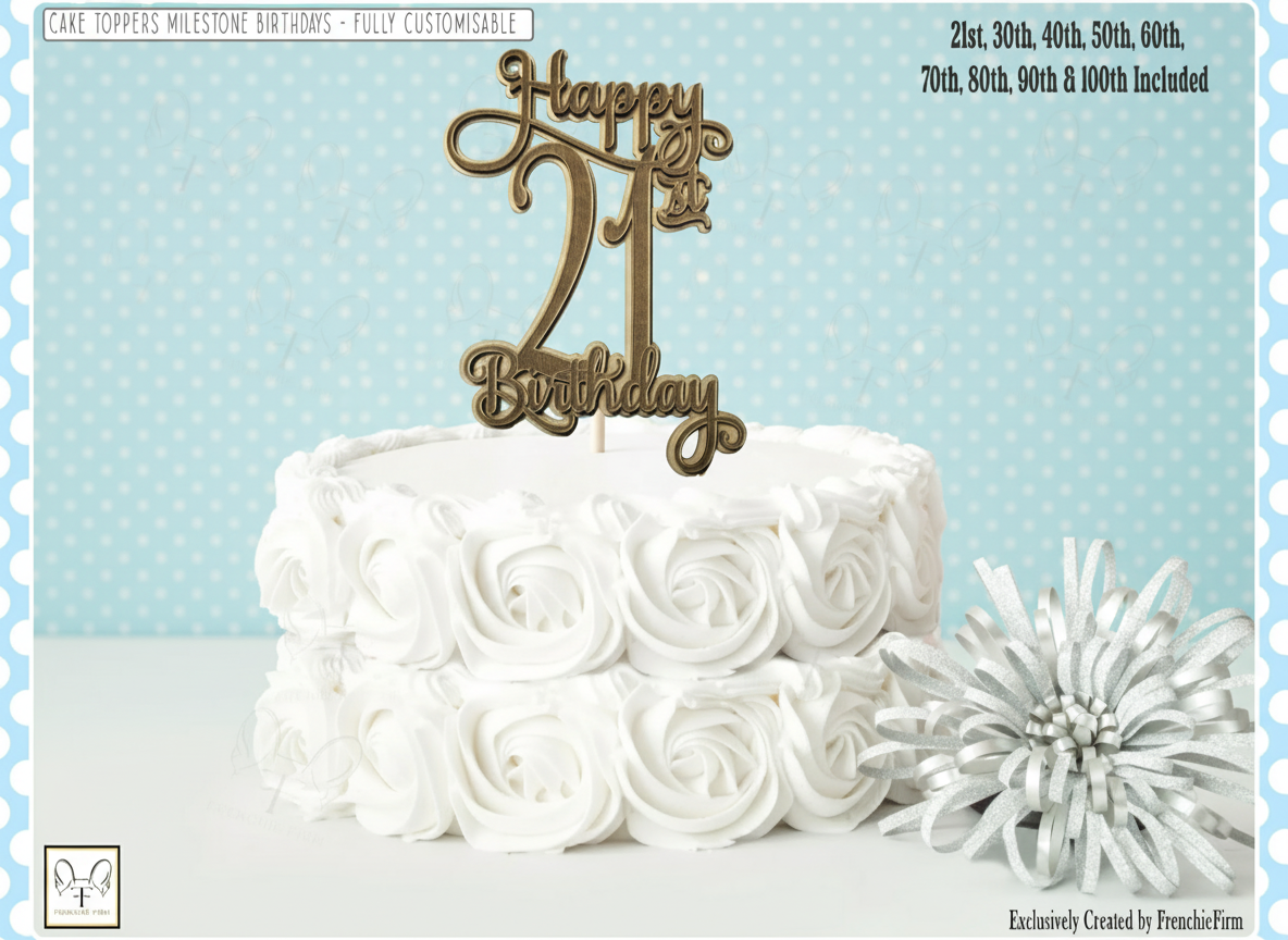 Bundle di topper per traguardi personalizzabili per torta tagliato al laser (dal 21° al 100° compleanno)