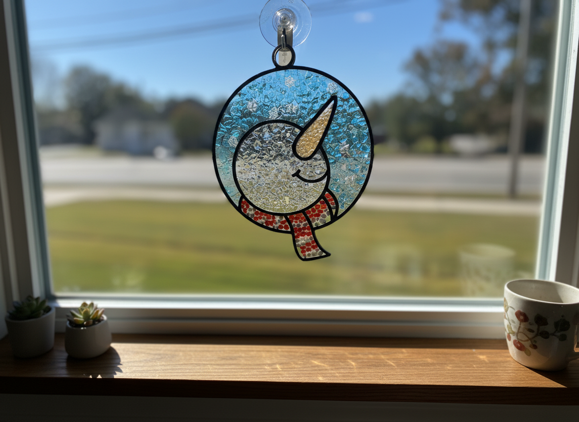 Faux stained glass snowman suncatcher window Christmas decoration