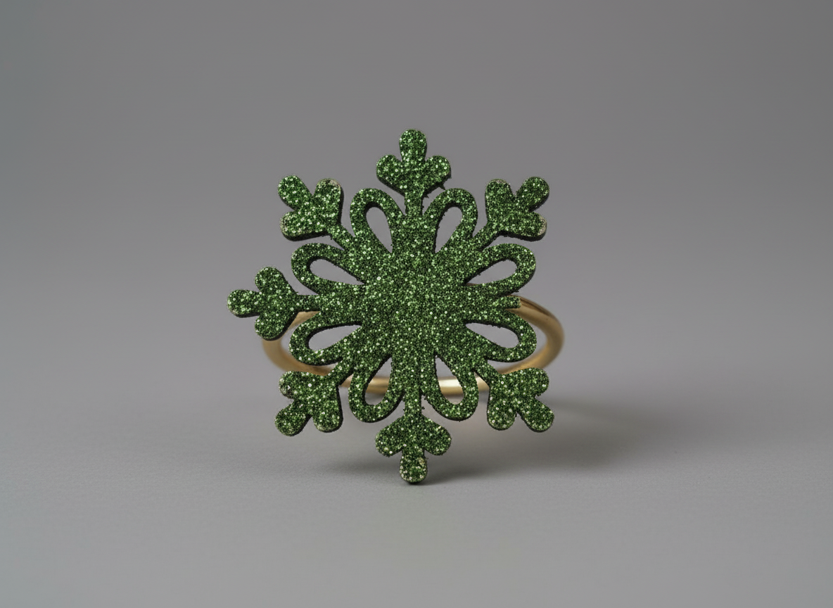 Laser Cut Green Glitter Snowflake Napkin Rings with Gold Bands