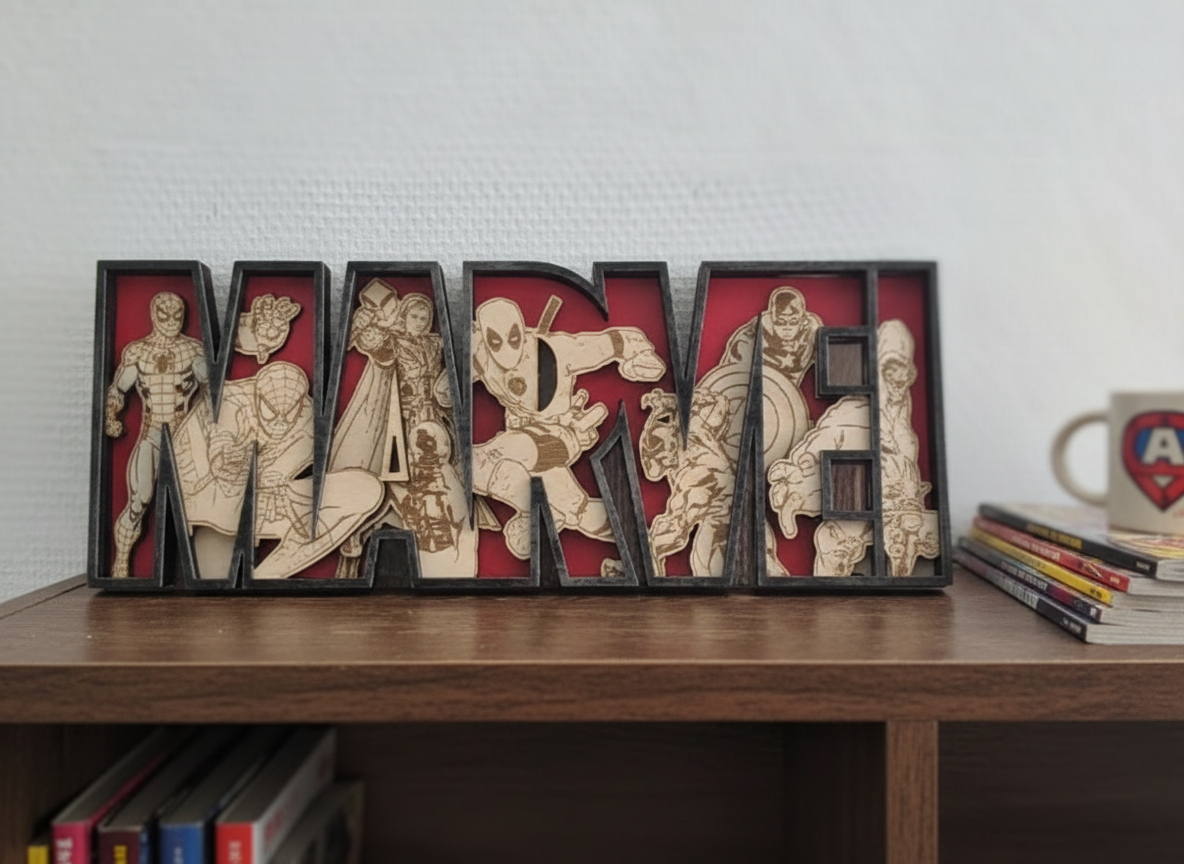 Marvel wood sign with engraved hero roster standing on a shelf