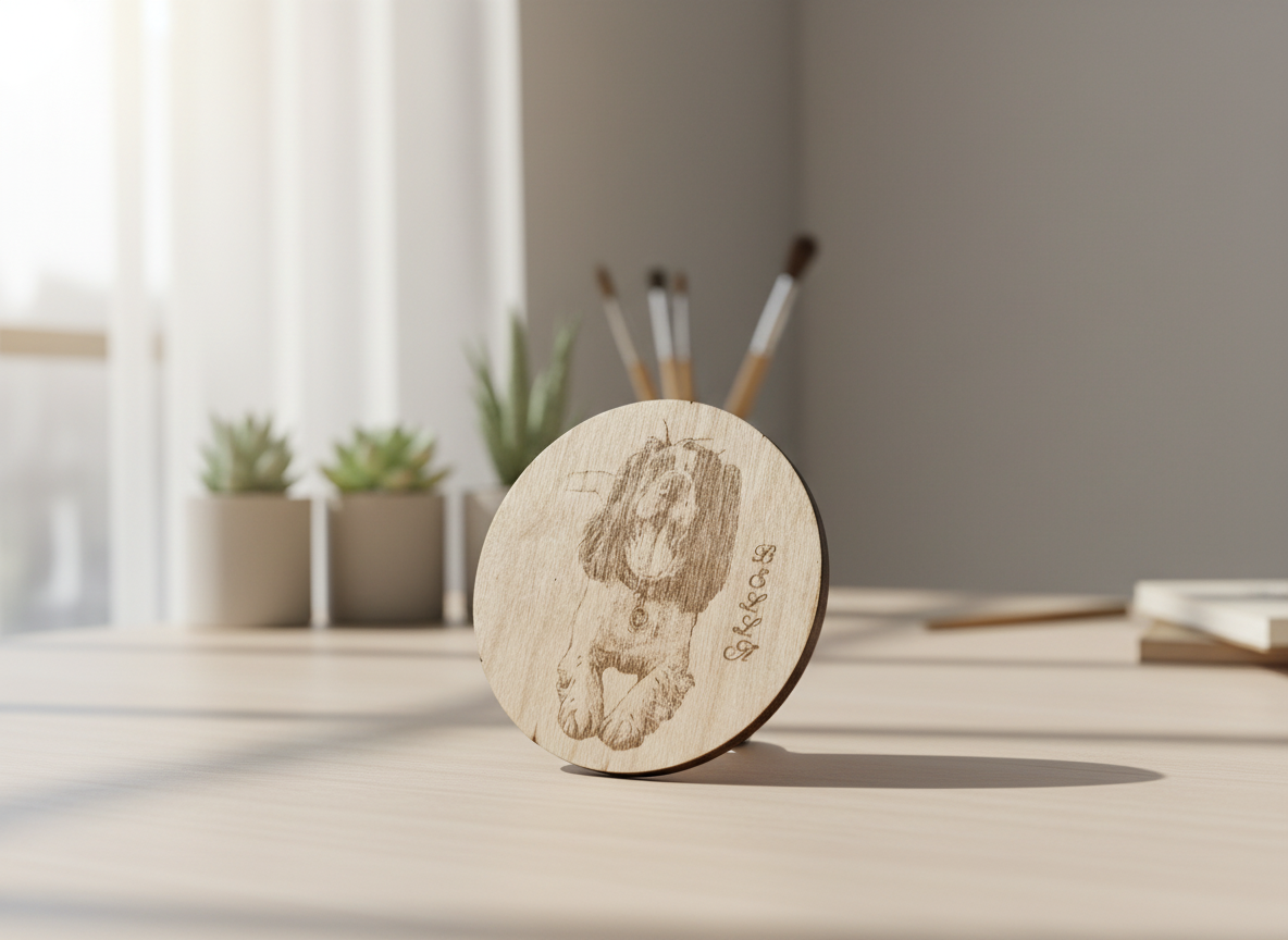 Round birch ply coaster engraved with a dog photo portrait named Bella