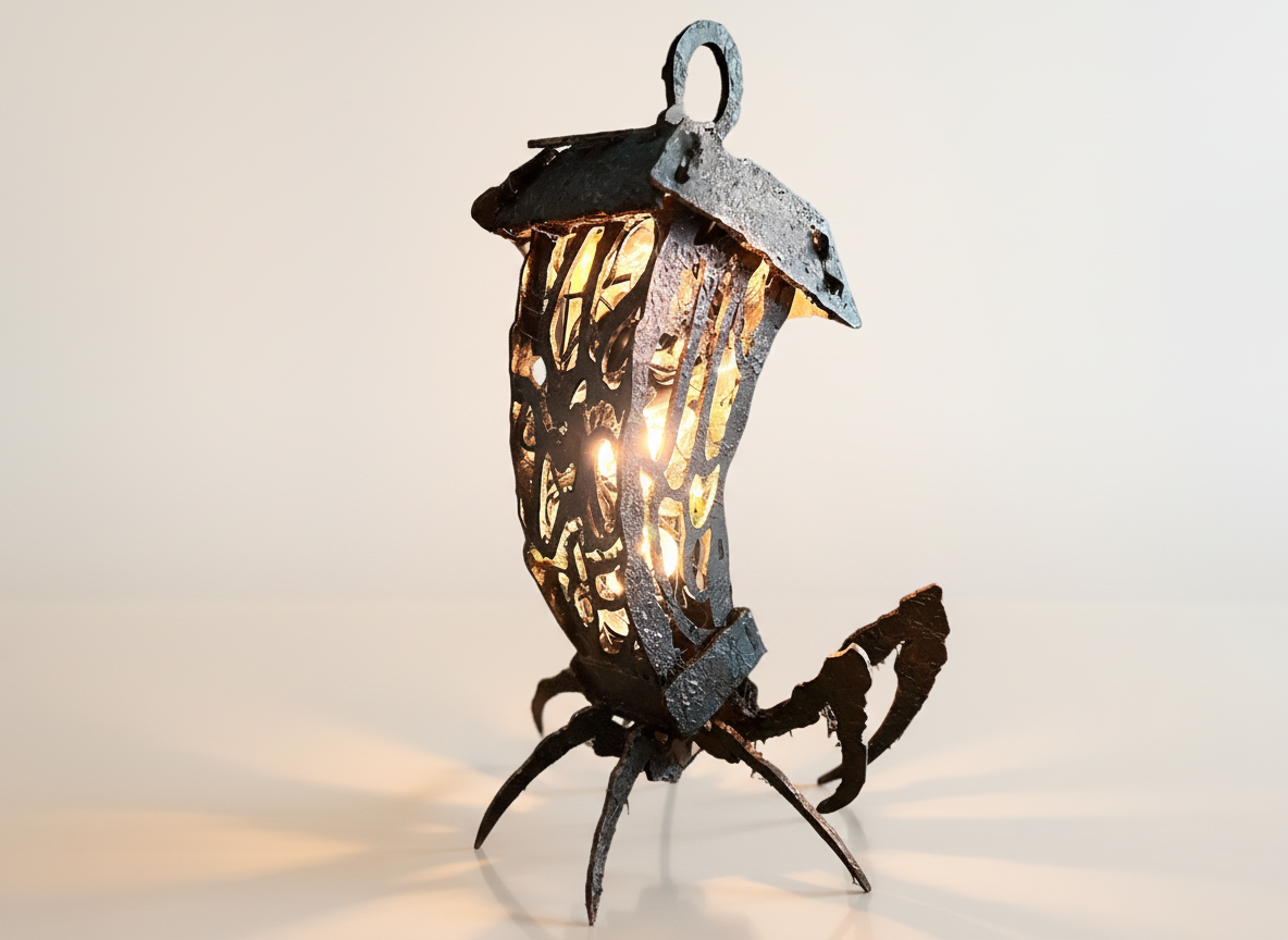 Plywood spider lantern with bent legs and hanging loop glowing Halloween outdoor light idea
