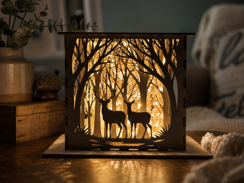 Illuminated Deer and Forest Scene Lantern (3mm Material) shadow box design