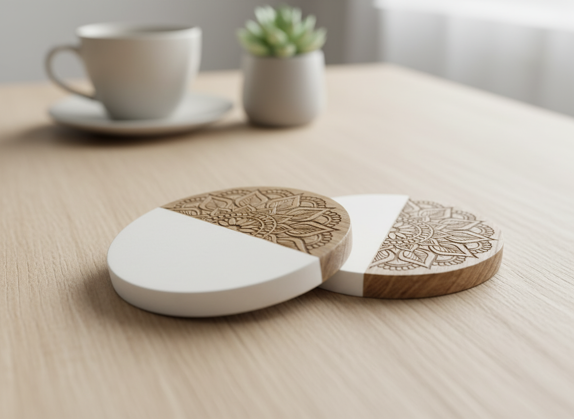 Wooden and white round coasters with an intricate mandala design