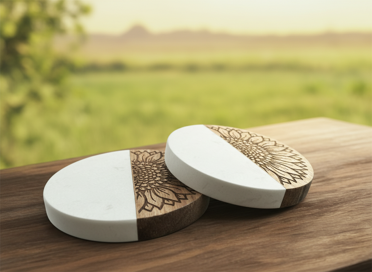 Set of engraved wooden sunflower coasters for home decor