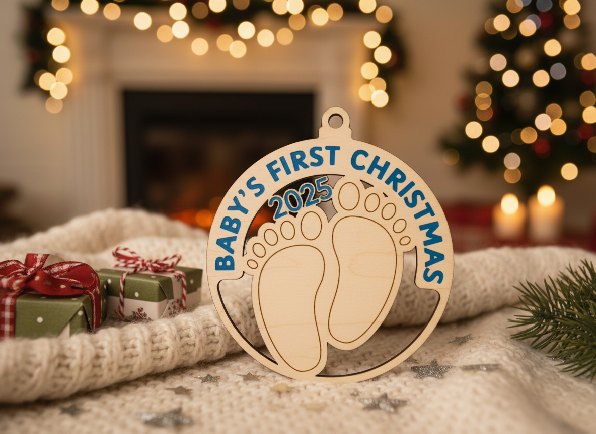 Laser Cut Baby's First Christmas Ornament with Engraved Footprints 2025 REMIX – personalizirana zasnova božičnega okraska