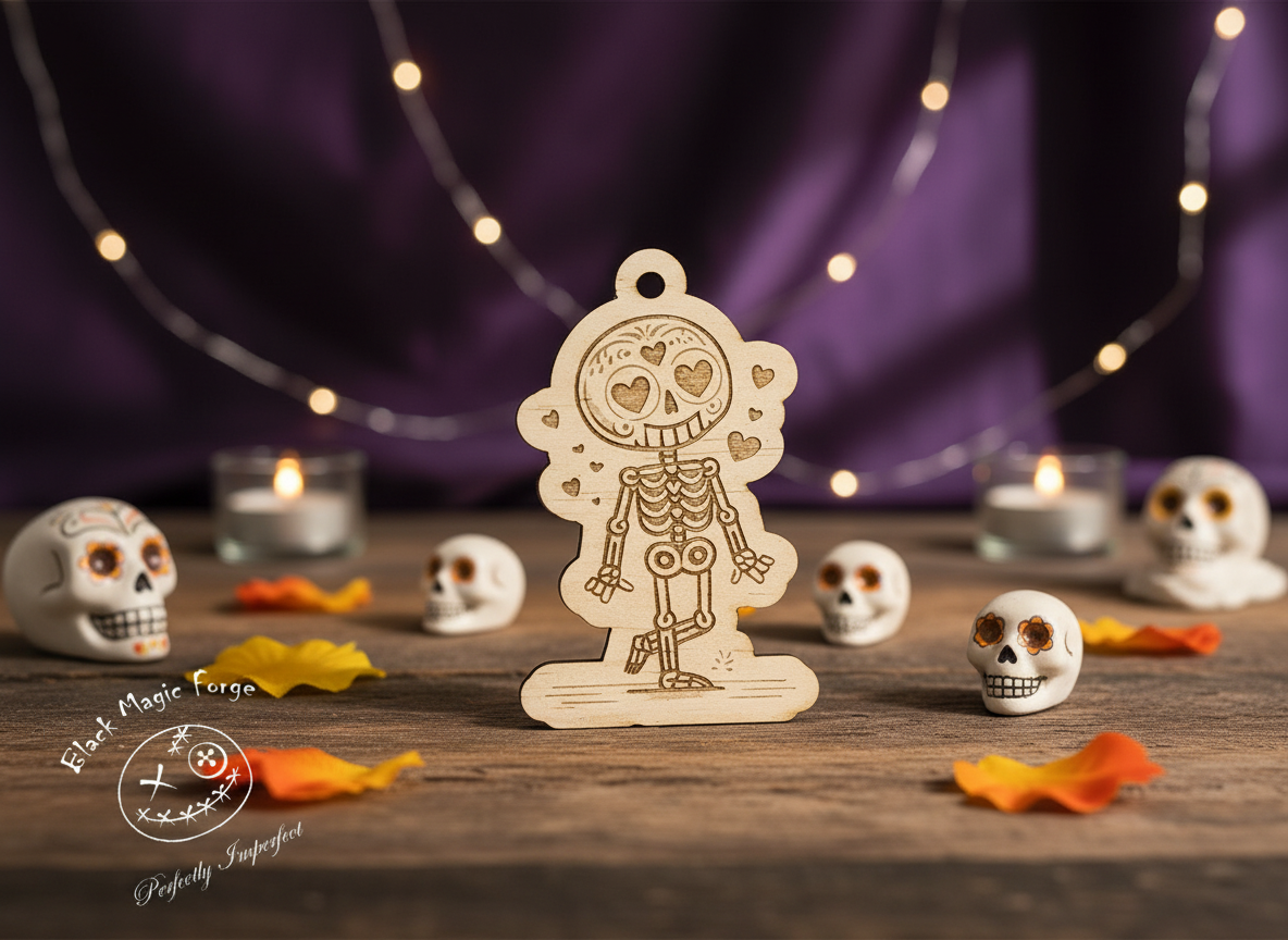 A cute wooden skeleton ornament standing among mini skulls and candles