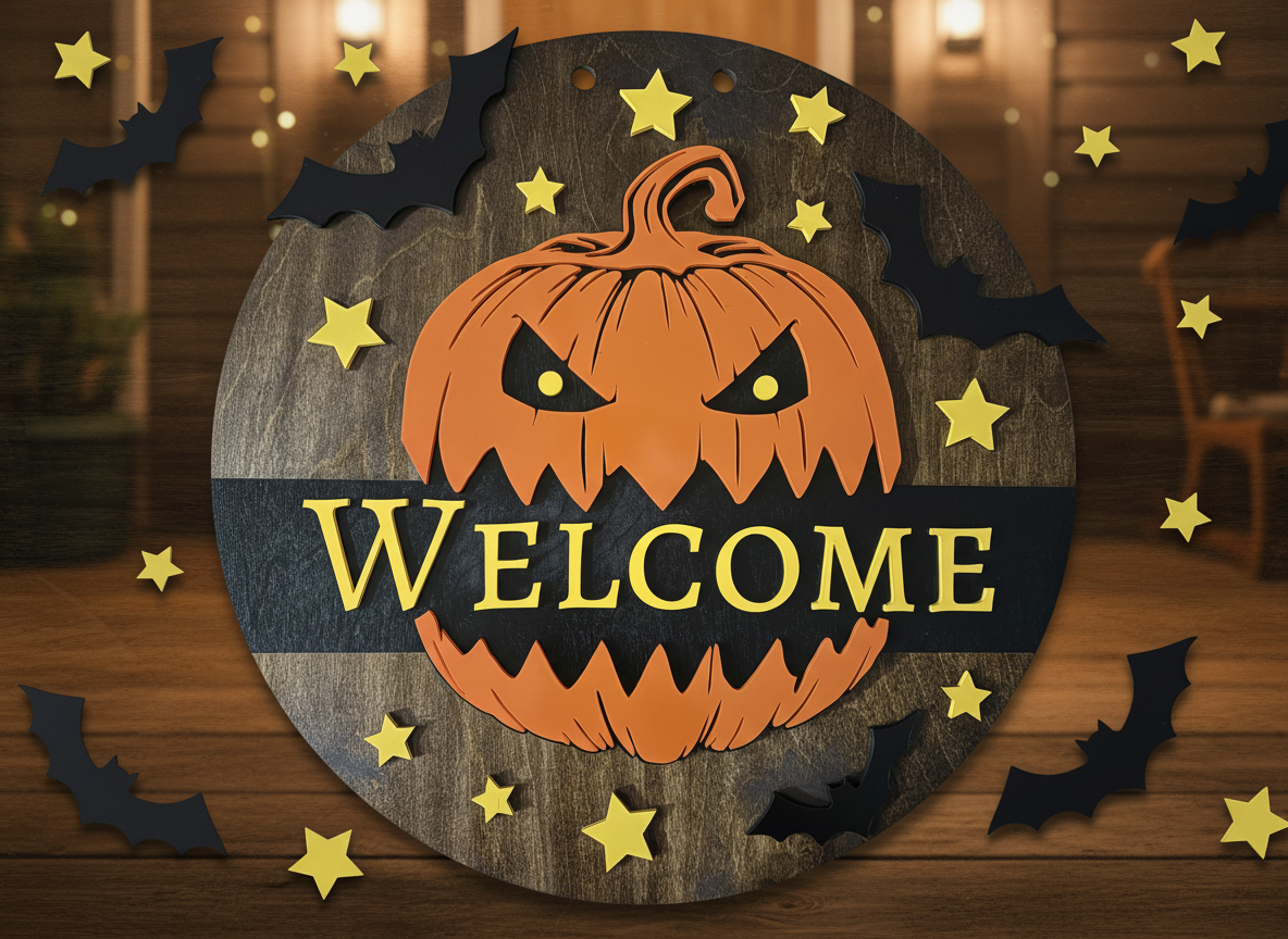 Cartello di benvenuto a zucca di Halloween tagliato al laser in legno - vero progetto zucca Atomm