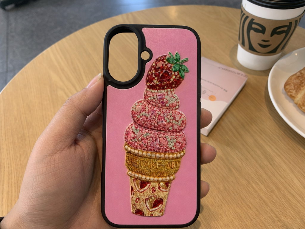 A pink phone case with a UV-printed jeweled ice cream cone design that mimics raised rhinestones