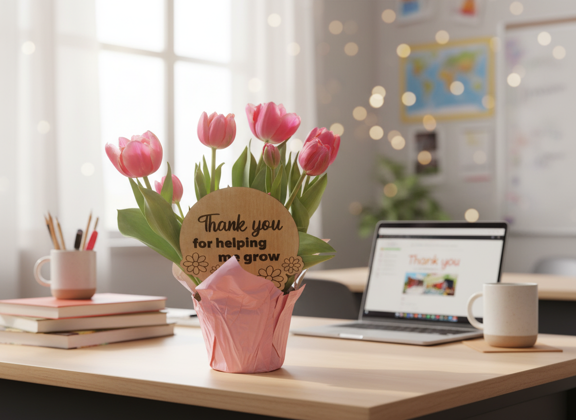 'Thank You for Helping Me Grow' Plant Marker with Pink Tulips teacher gift design