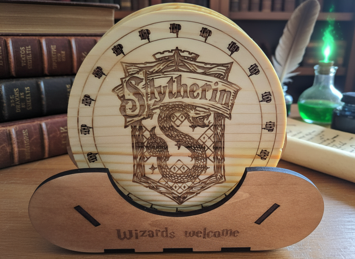 Harry Potter themed coaster holder with house crests