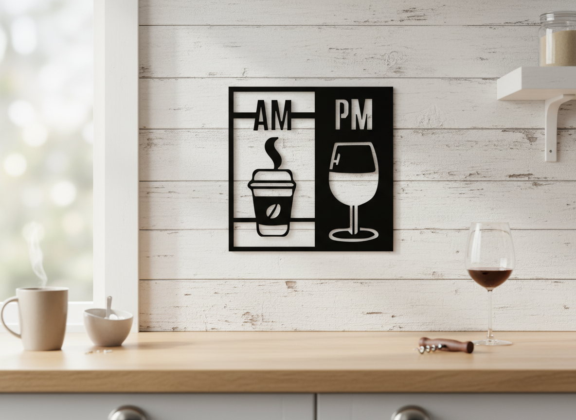 Decoración de pared con taza de café AM y copa de vino PM, idea de regalo de vino
