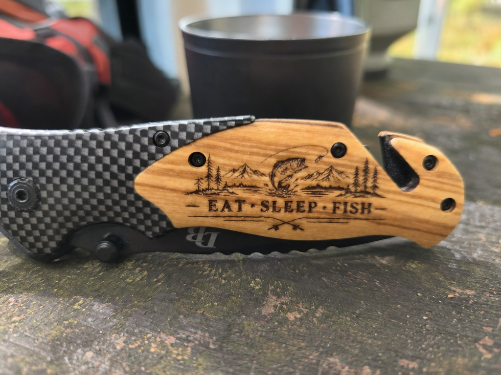 Pocket Knife with Eat Sleep Fish Fishing Scene Handle groomsmen gift idea