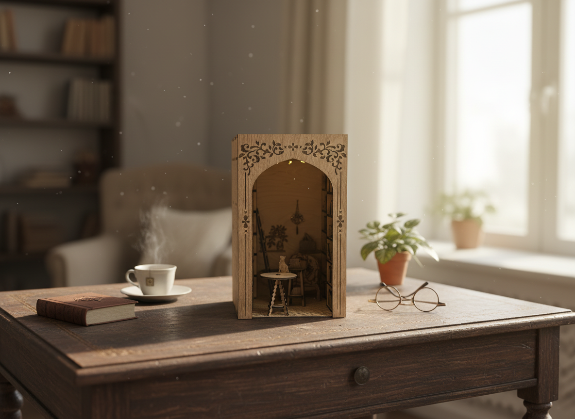 Cozy Library Book Nook laser-cut design on a styled shelf