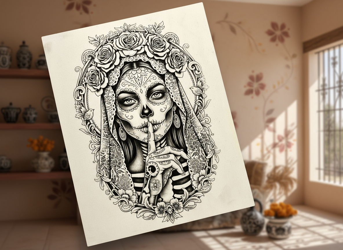 Laser Engraved Floral Skeleton Woman "La Catrina" sugar skull dia de los muertos design