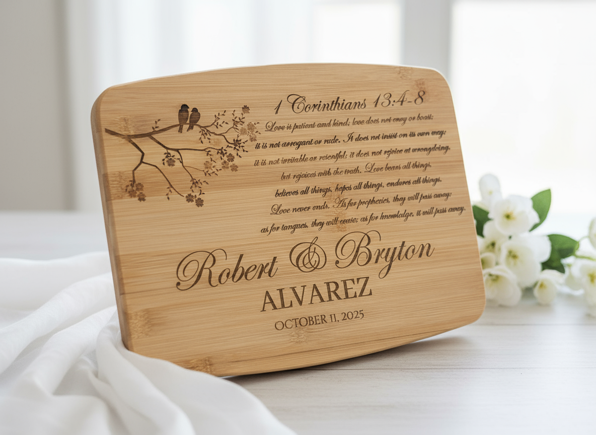 Wedding Bamboo Cutting Board with Bible Verse wedding gift design